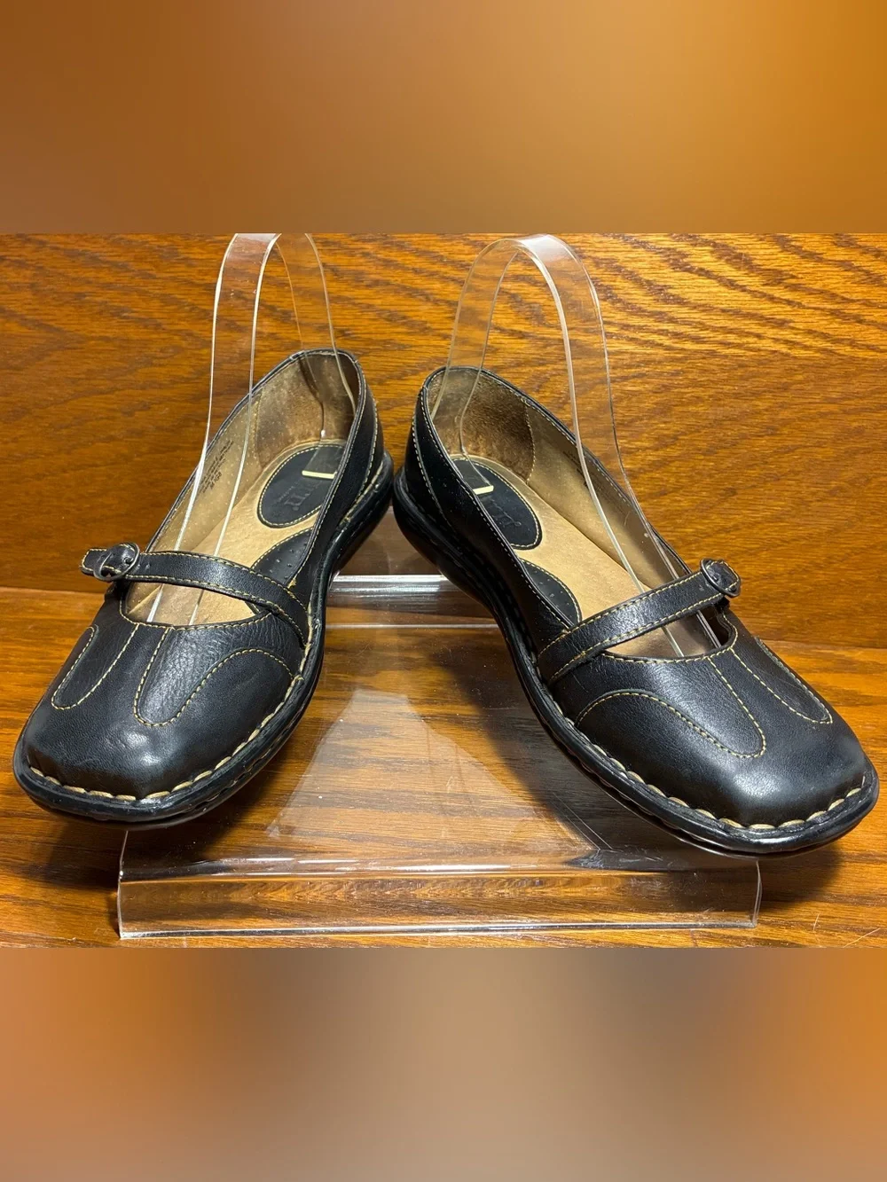 VTG 90s Y2K Born Leather Mary Jane Contrast Stitch Square Toe Flats Black Size 6